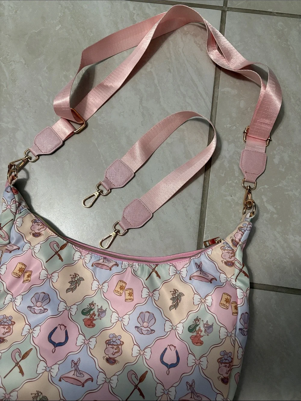 Pastel Pink Patterned Shoulder Bag with Removable Straps